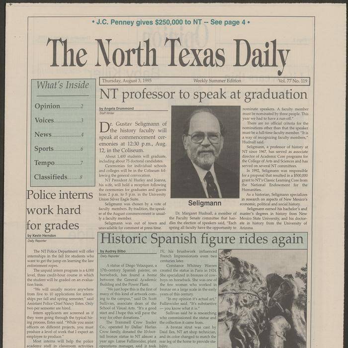 NT Daily front page: Dr. Gus Seligmann chosen as commencement speaker, dated August 1995