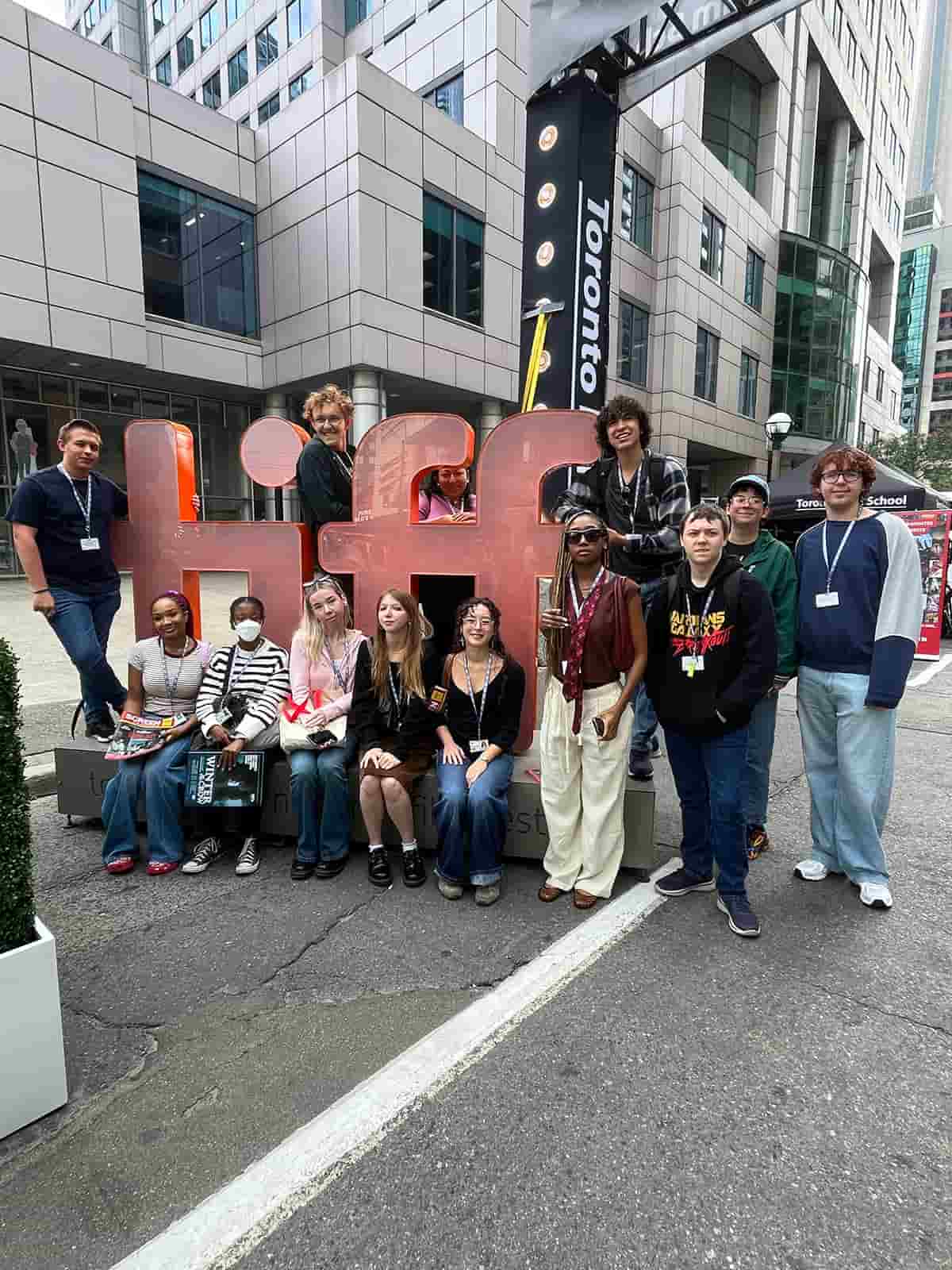 UNT students with the TIFF logo sculpture in downtown Toronto
