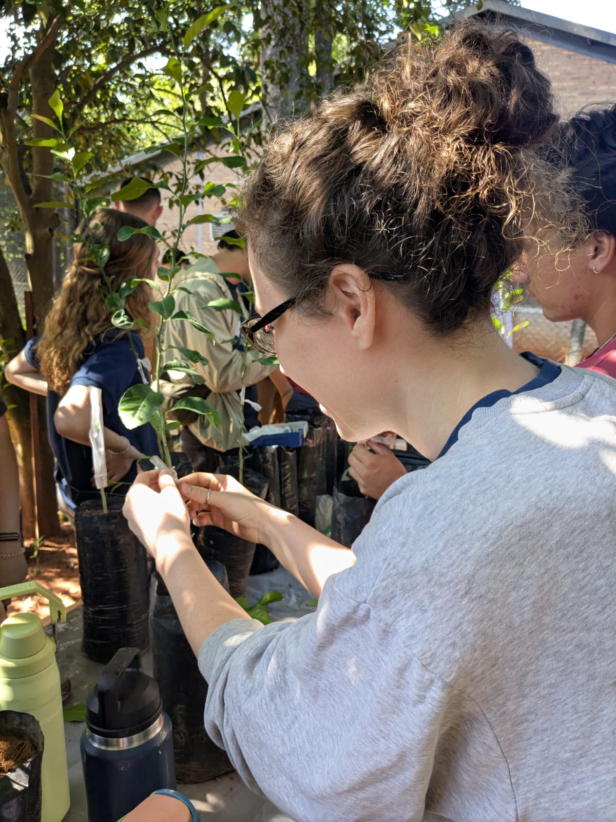 Delaney working on environmental education by showing residents local plants.