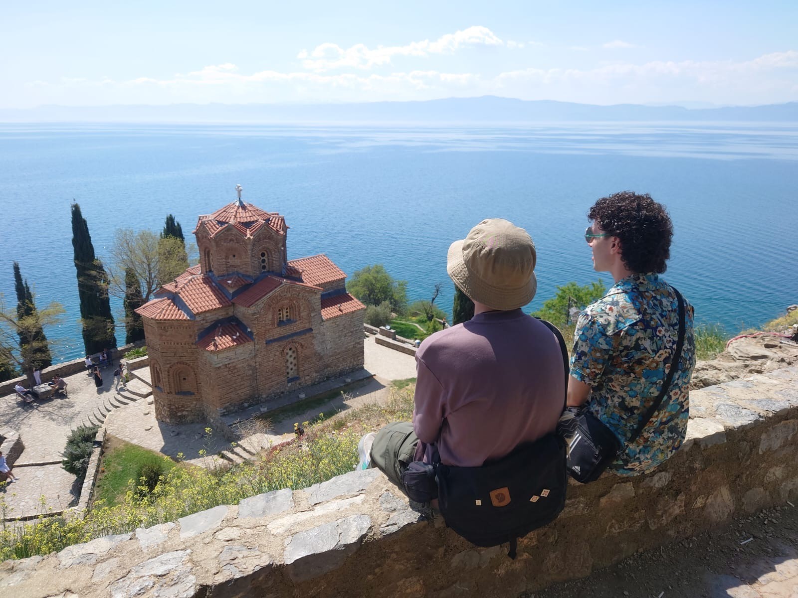 Jordan and a local friend look over a church and Lake Ohrid.