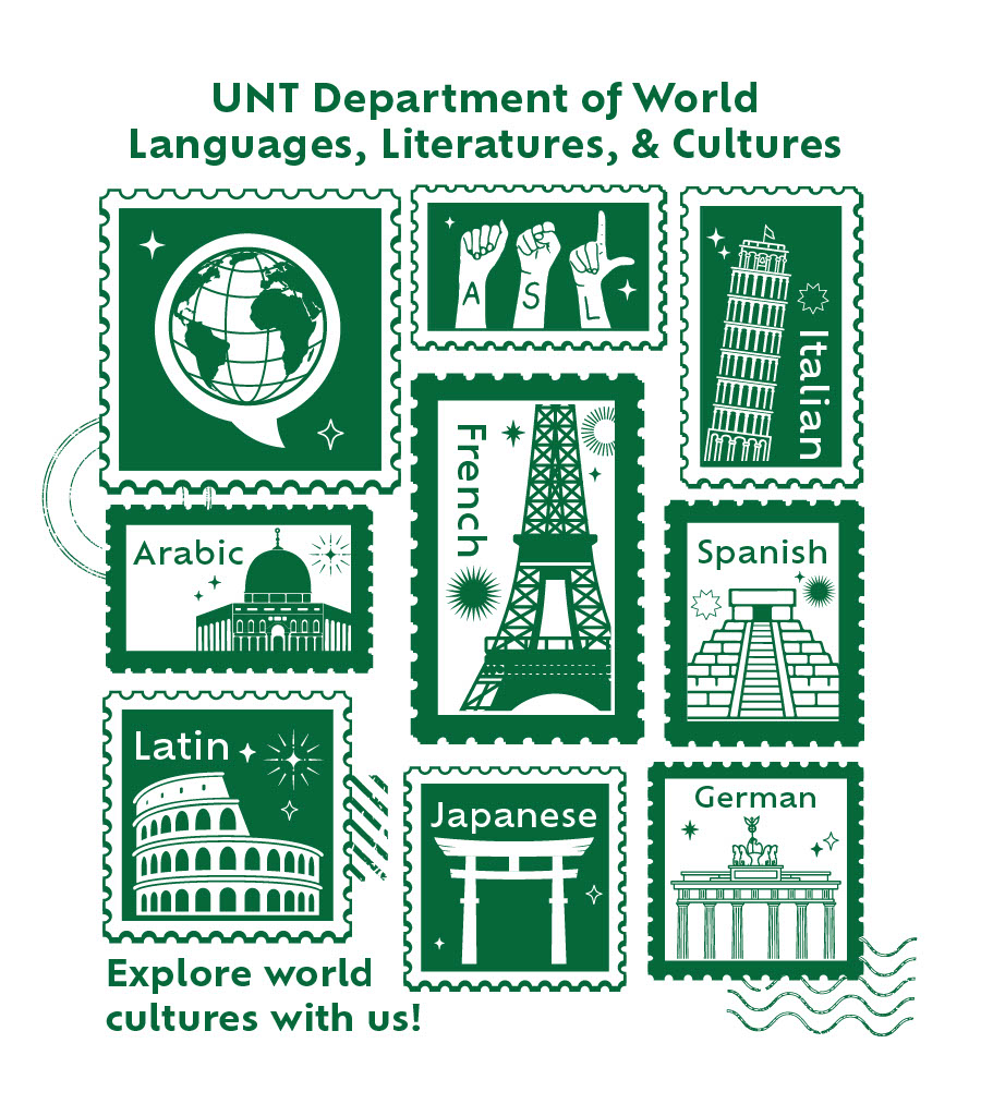UNT Department of World Languages, Literatures, and Cultures banner with all of the languages in little stamps